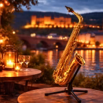 Jazz Heidelberg: hier ist ein Saxophone auf einem Tisch vor der schönen Altstadt Kulisse