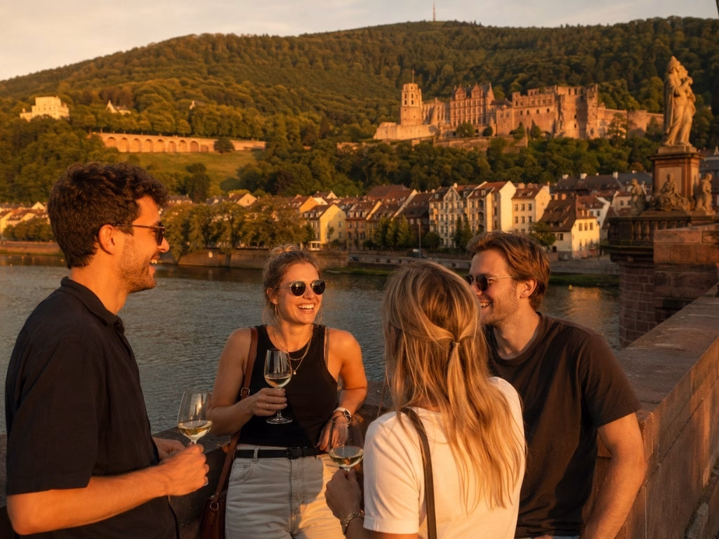 Gruppe Personen auf der Alten Brücke vor Schlosspanorama im Abendlicht trinkt Wein bei einer geführten Weintour Heidelberg
