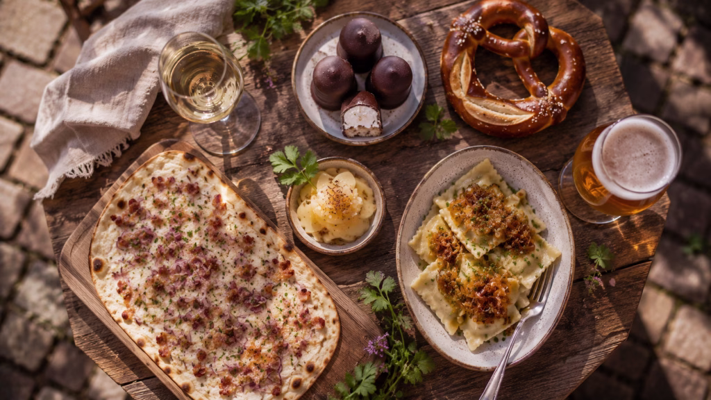 Kulinarische Stadtführung Heidelberg: Flammkuchen, Handkäse, Maultaschen und regionale Weine auf einem rustikalen Holztisch in der Altstadt