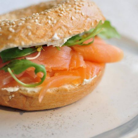 zuckerrohr hd salmon bagels with sprout, rocket leaves and thyme cream cheese